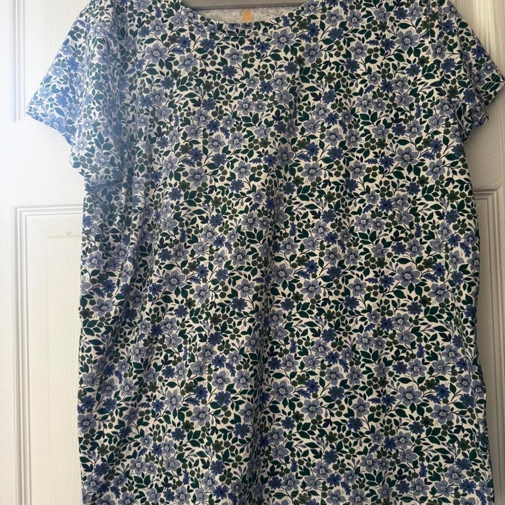 Blue Mountain Womens Blue Floral Short Sleeve Crew Neck T-Shirt Large